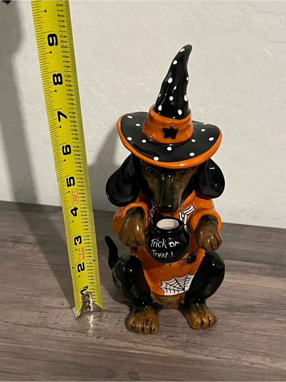 Blue Sky Halloween Witch Dachshund Figurine in Orange and Black Witch Costume